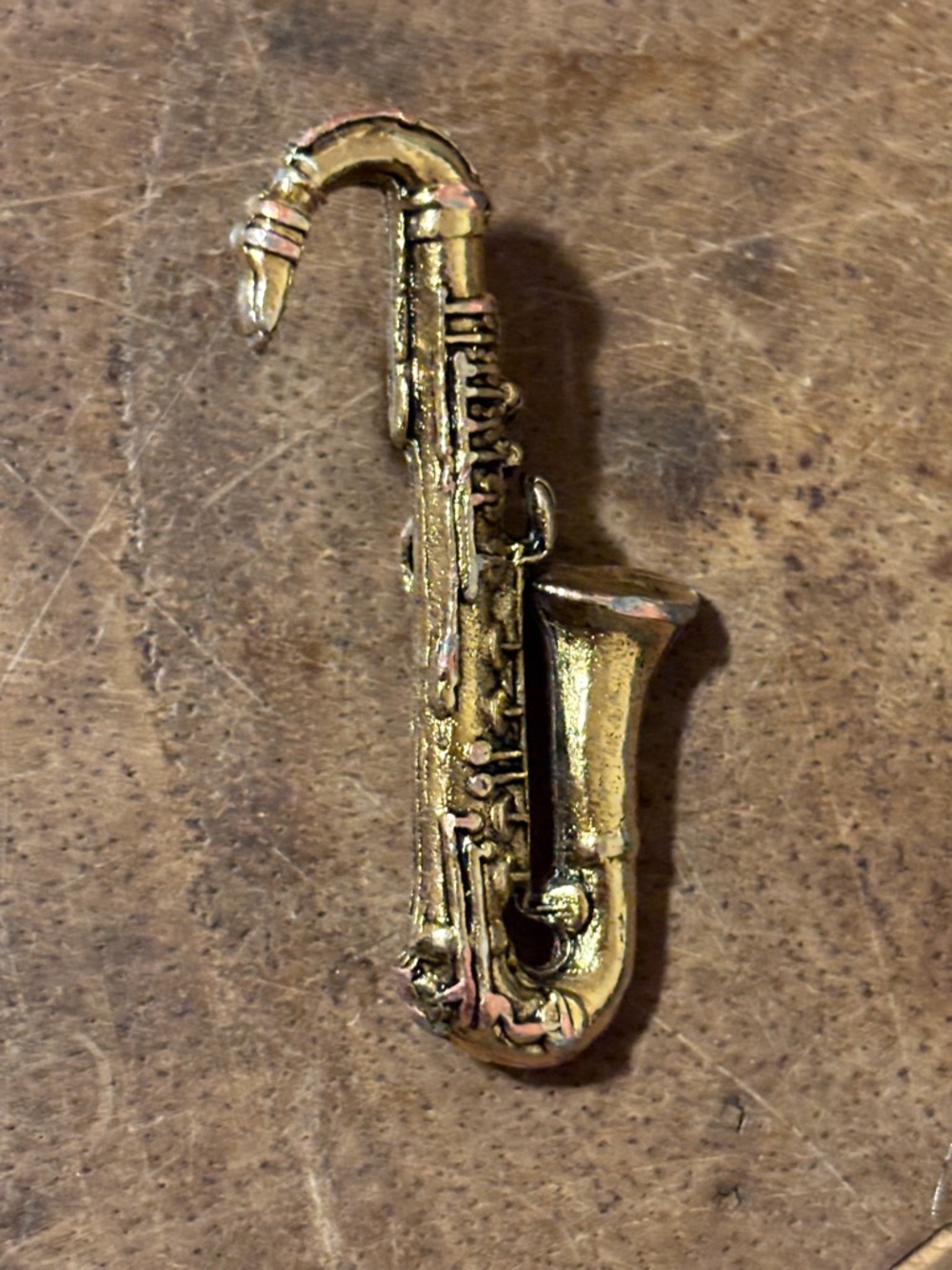 Vintage Gold Saxophone Pendant Mounted Hidden Bail Jazz Music Charm